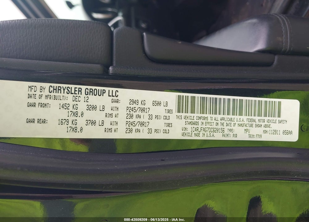 2013 JEEP GRAND CHEROKEE VIN: 1C4RJFAG7DC620156