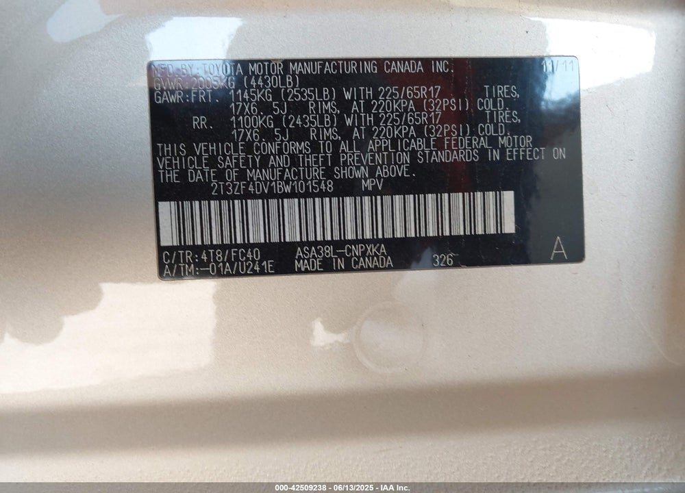 2011 TOYOTA RAV4 VIN: 2T3ZF4DV1BW101548