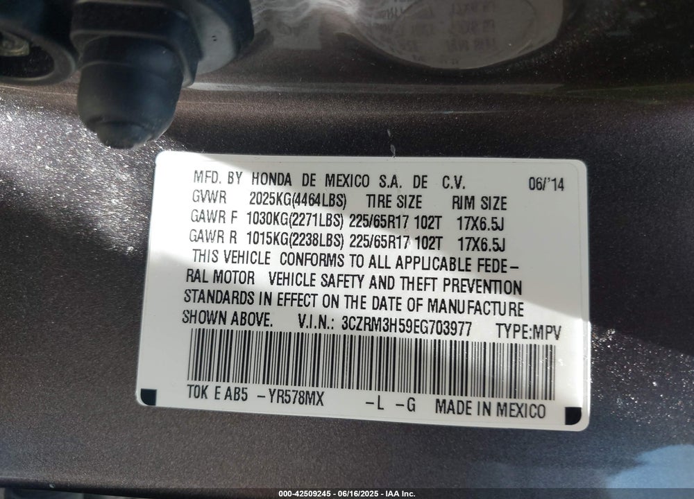 2014 HONDA CR-V VIN: 3CZRM3H59EG703977