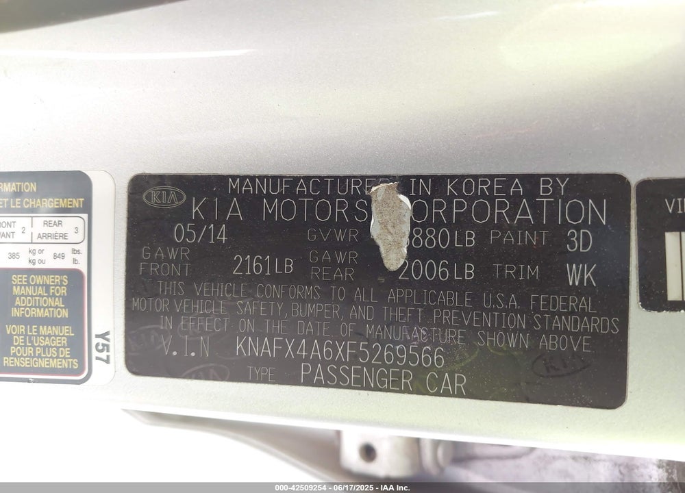 2015 KIA FORTE VIN: KNAFX4A6XF5269566