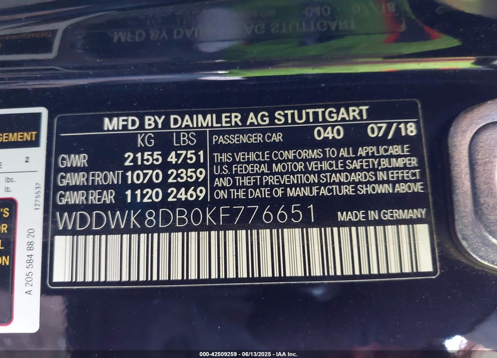 2019 MERCEDES-BENZ C CLASS VIN: WDDWK8DB0KF776651