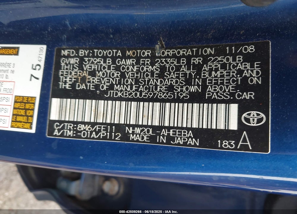 2009 TOYOTA PRIUS VIN: JTDKB20U597865195