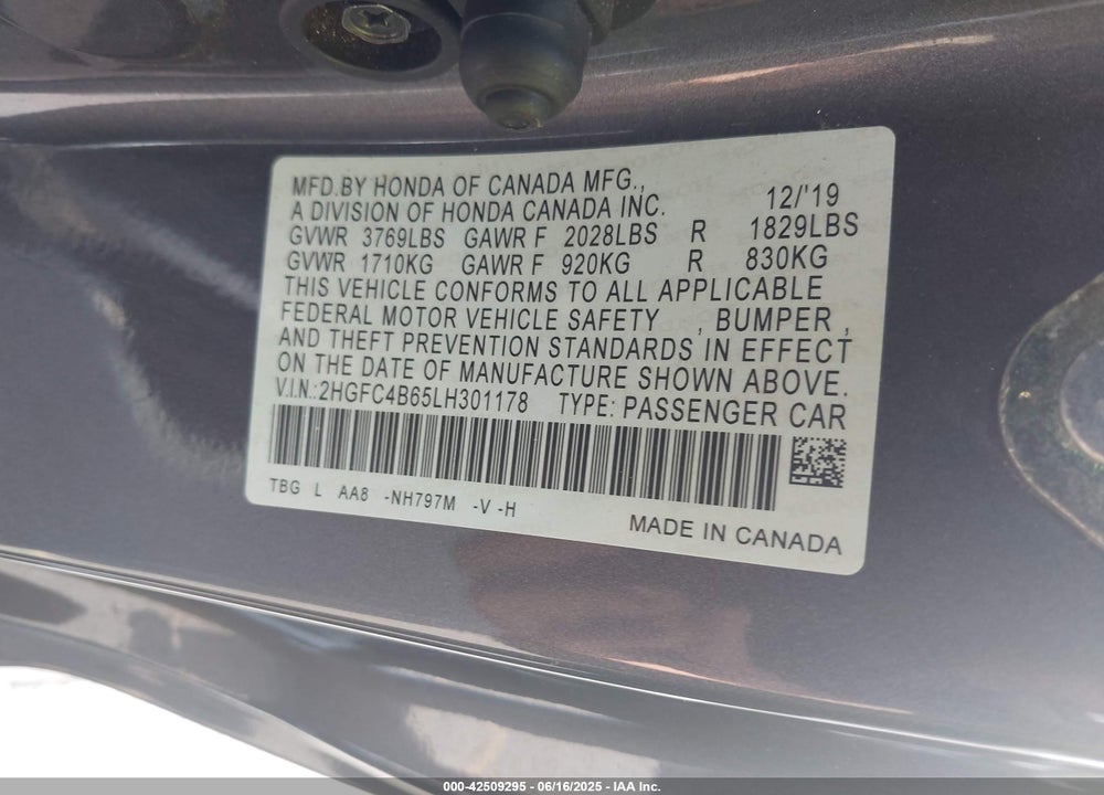 2020 HONDA CIVIC VIN: 2HGFC4B65LH301178