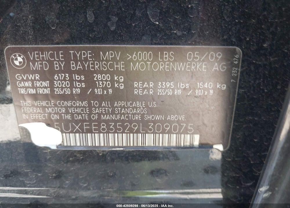 2009 BMW X5 XDRIVE48I VIN: 5UXFE83529L309075