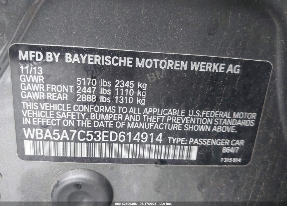 2014 BMW 528I XDRIVE VIN: WBA5A7C53ED614914