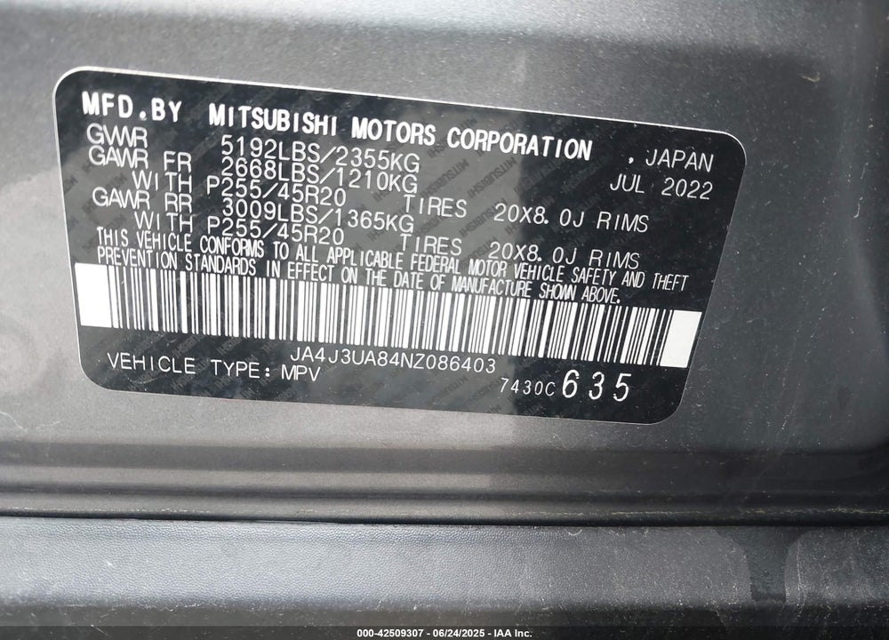 2022 MITSUBISHI OUTLANDER VIN: JA4J3UA84NZ086403