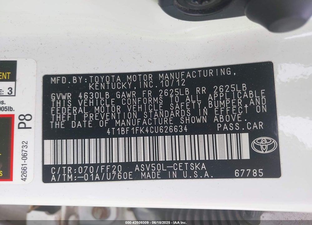 2012 TOYOTA CAMRY VIN: 4T1BF1FK4CU626634