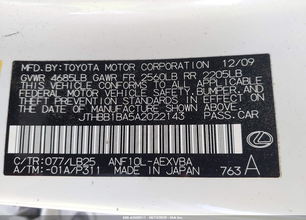 2010 LEXUS HS 250H VIN: JTHBB1BA5A2022143