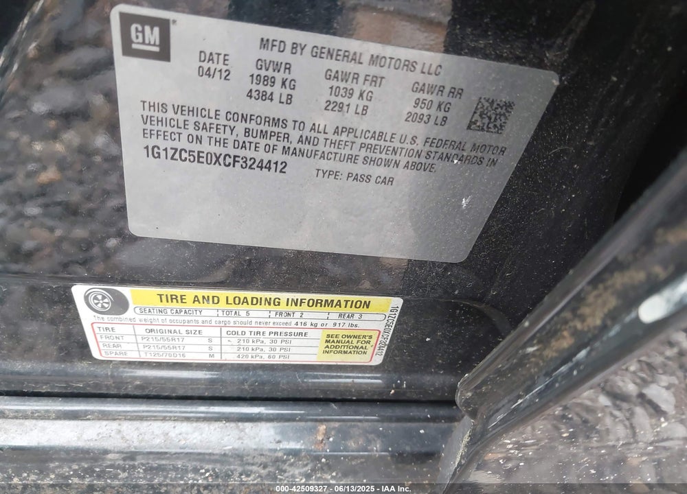 2012 CHEVROLET MALIBU VIN: 1G1ZC5E0XCF324412