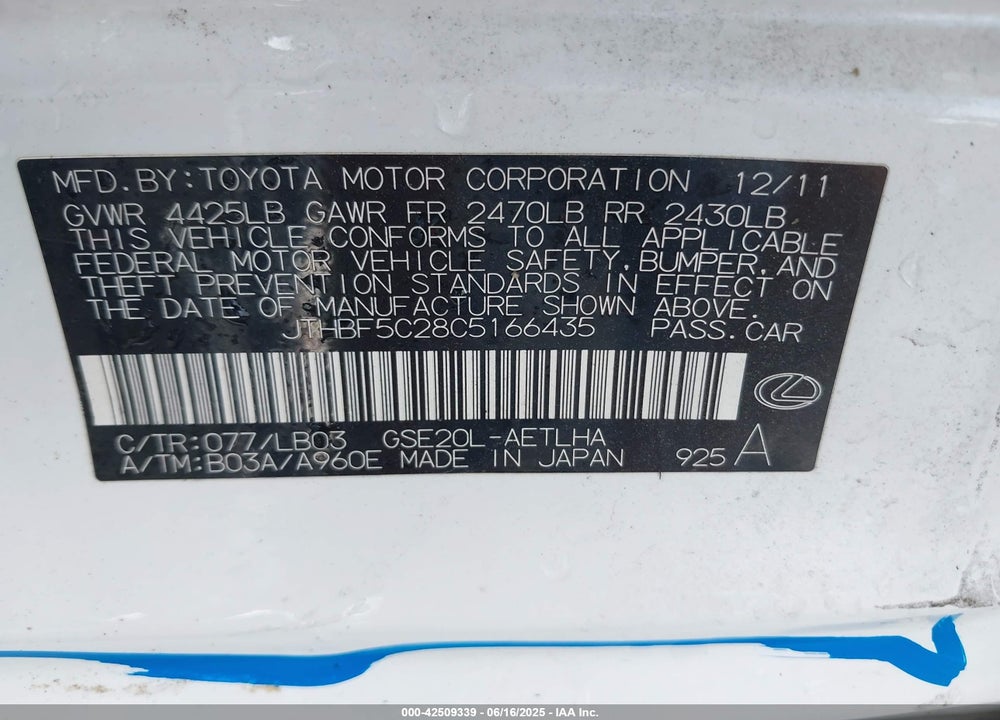 2012 LEXUS IS 250 VIN: JTHBF5C28C5166435