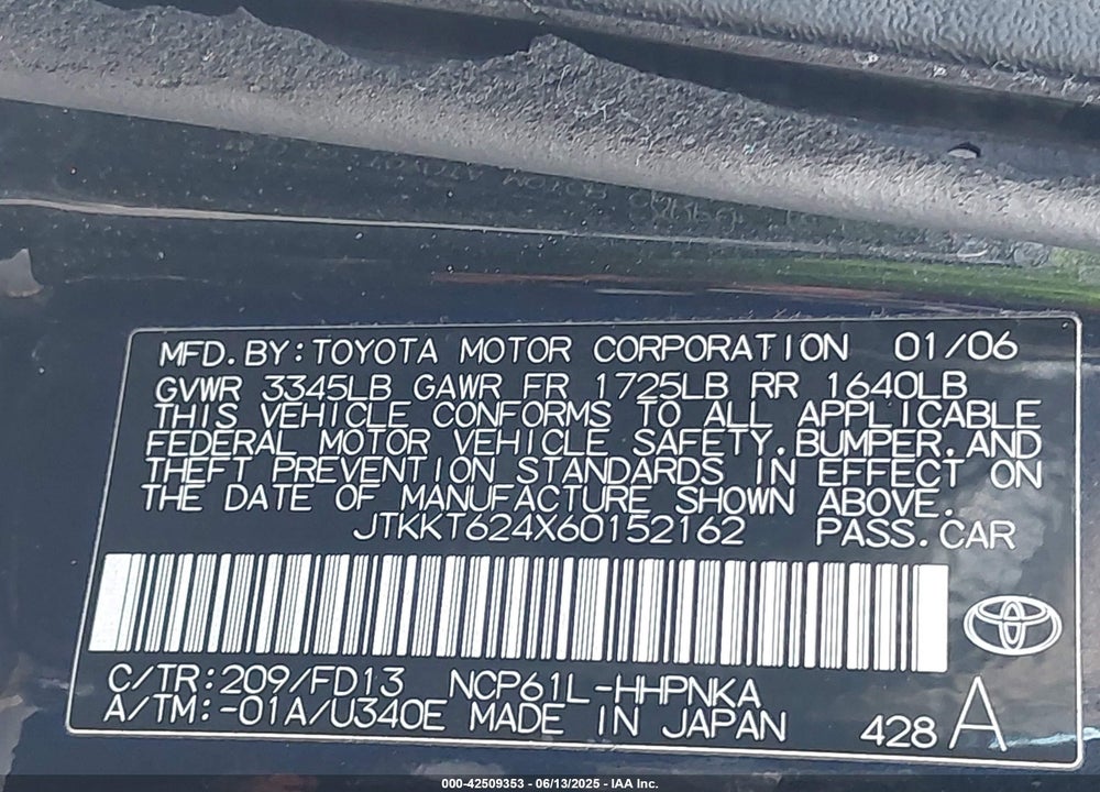 2006 SCION XA VIN: JTKKT624X60152162