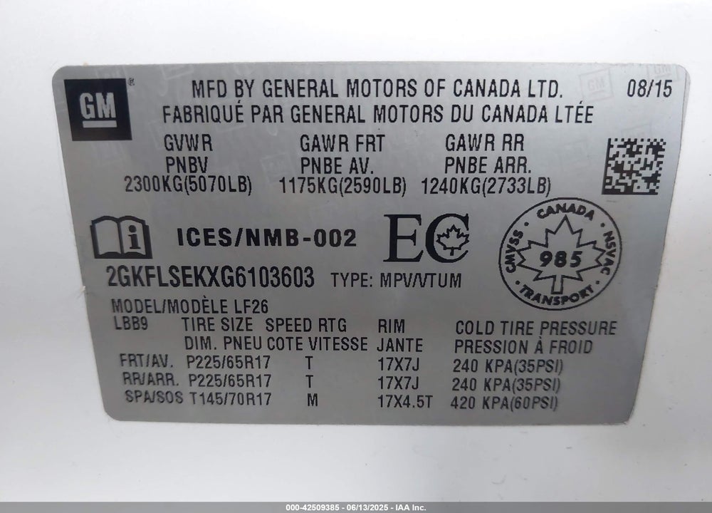 2016 GMC TERRAIN SLE-1 VIN: 2GKFLSEKXG6103603