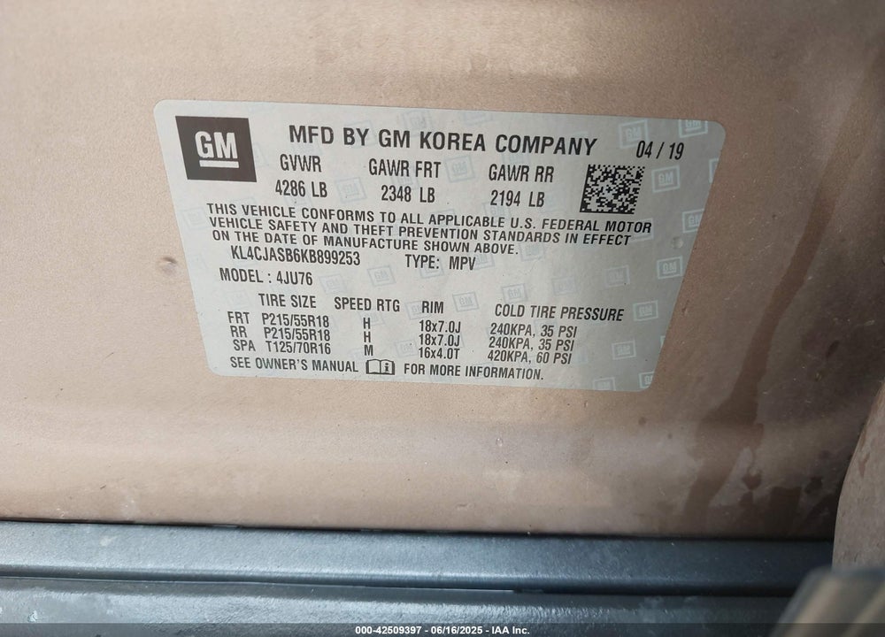2019 BUICK ENCORE VIN: KL4CJASB6KB899253