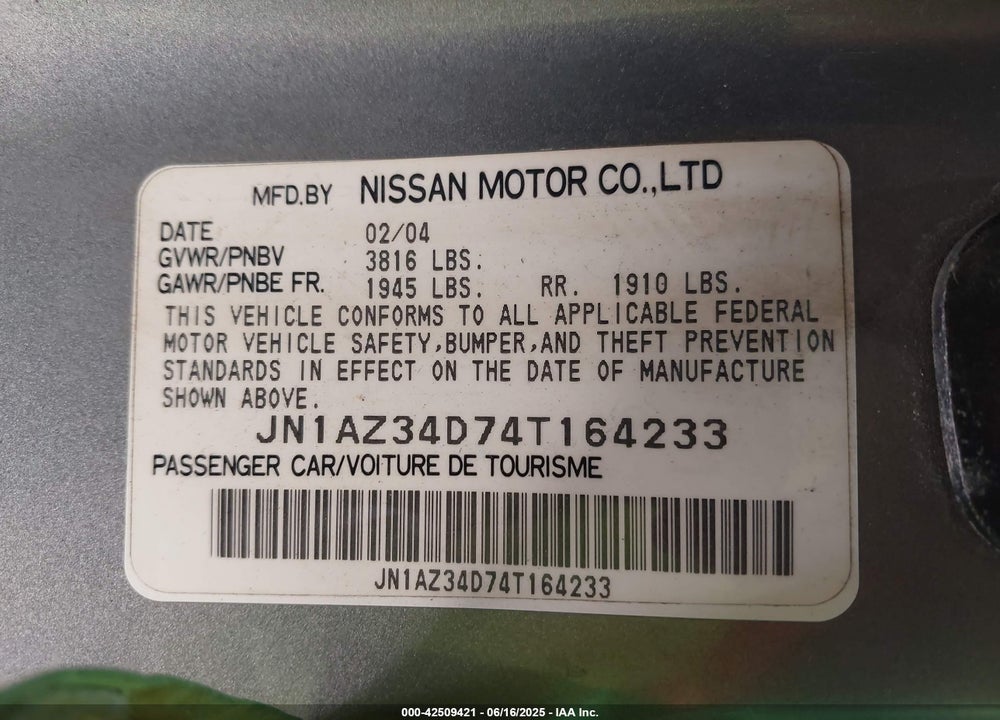 2004 NISSAN 350Z TOURING VIN: JN1AZ34D74T164233