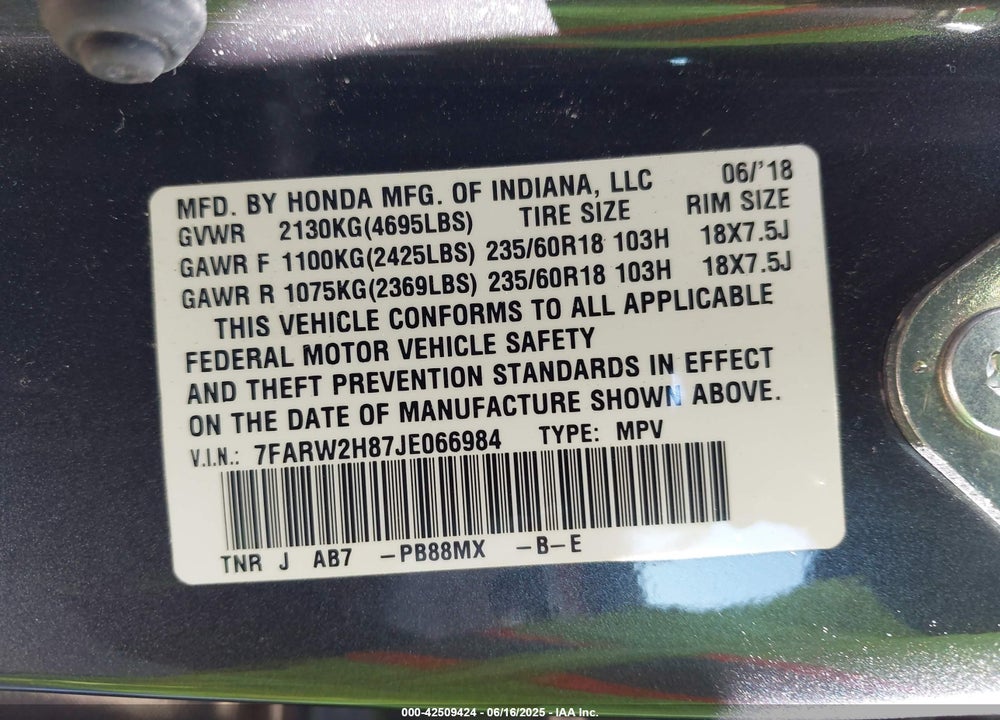 2018 HONDA CR-V VIN: 7FARW2H87JE066984