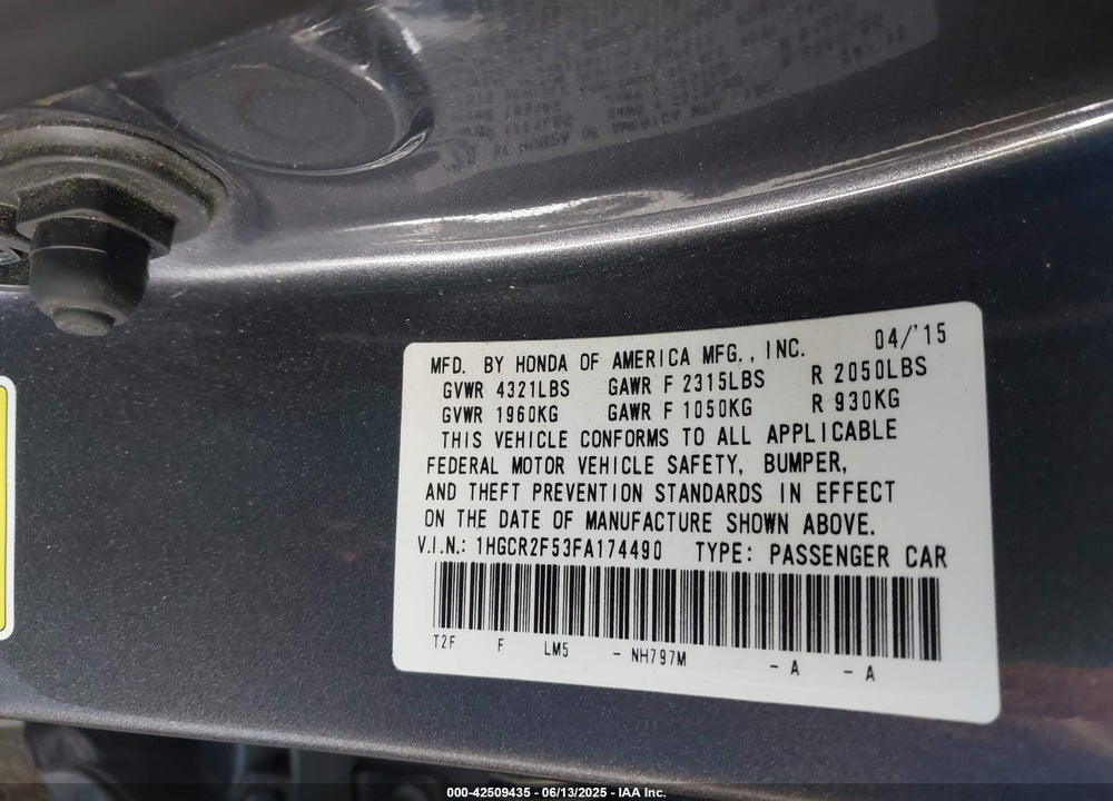 2015 HONDA ACCORD SPORT VIN: 1HGCR2F53FA174490