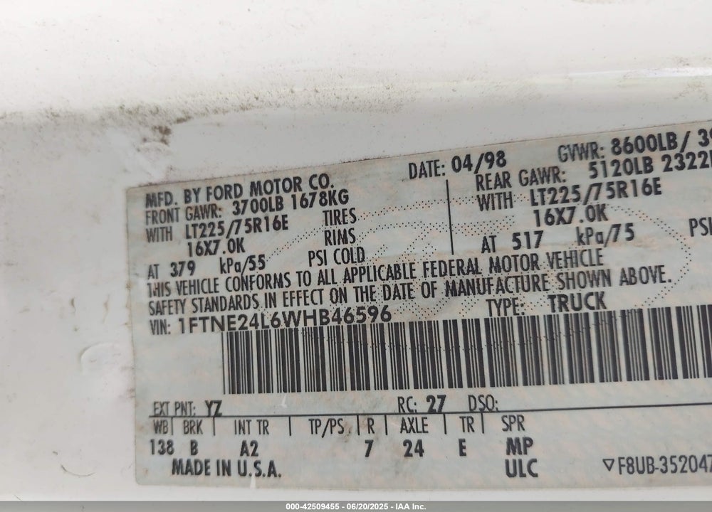 1998 FORD E-250 COMMERCIAL/RECREATIONAL VIN: 1FTNE24L6WHB46596