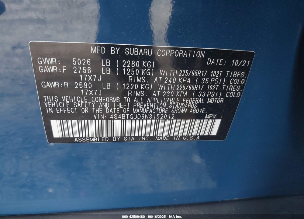 2022 SUBARU OUTBACK WILDERNESS VIN: 4S4BTGUD9N3152012