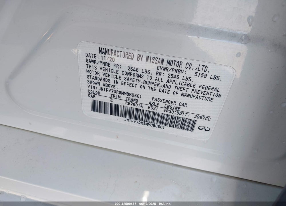 2021 INFINITI Q50 VIN: JN1FV7DR9MM880601