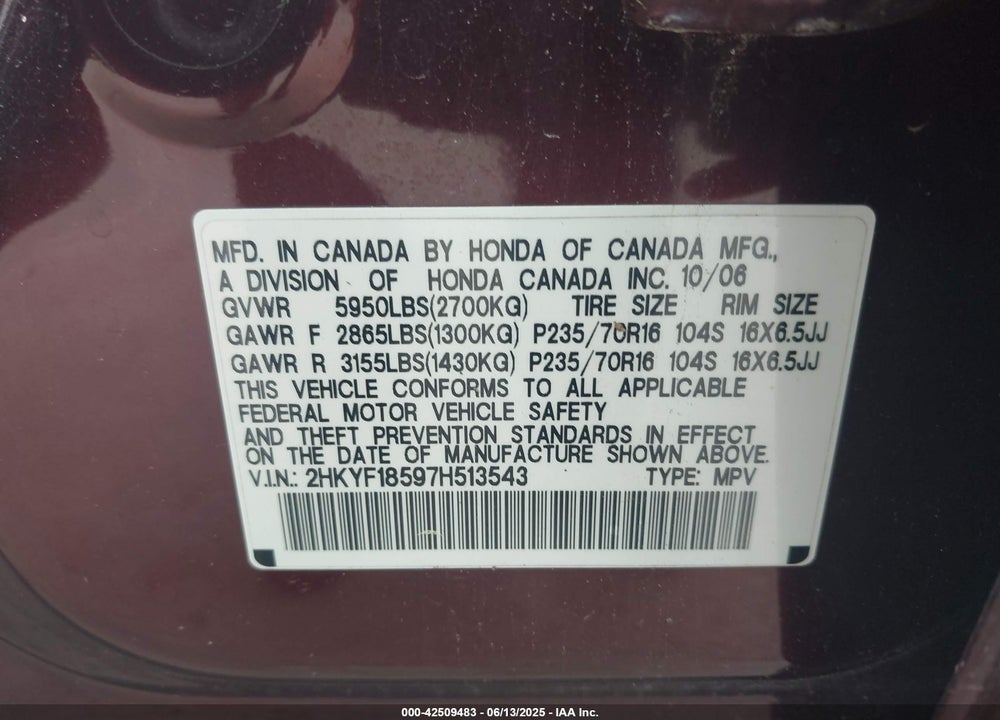 2007 HONDA PILOT EX-L VIN: 2HKYF18597H513543