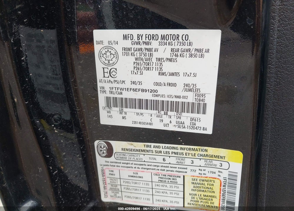 2014 FORD F-150 VIN: 1FTFW1EF6EFB91200
