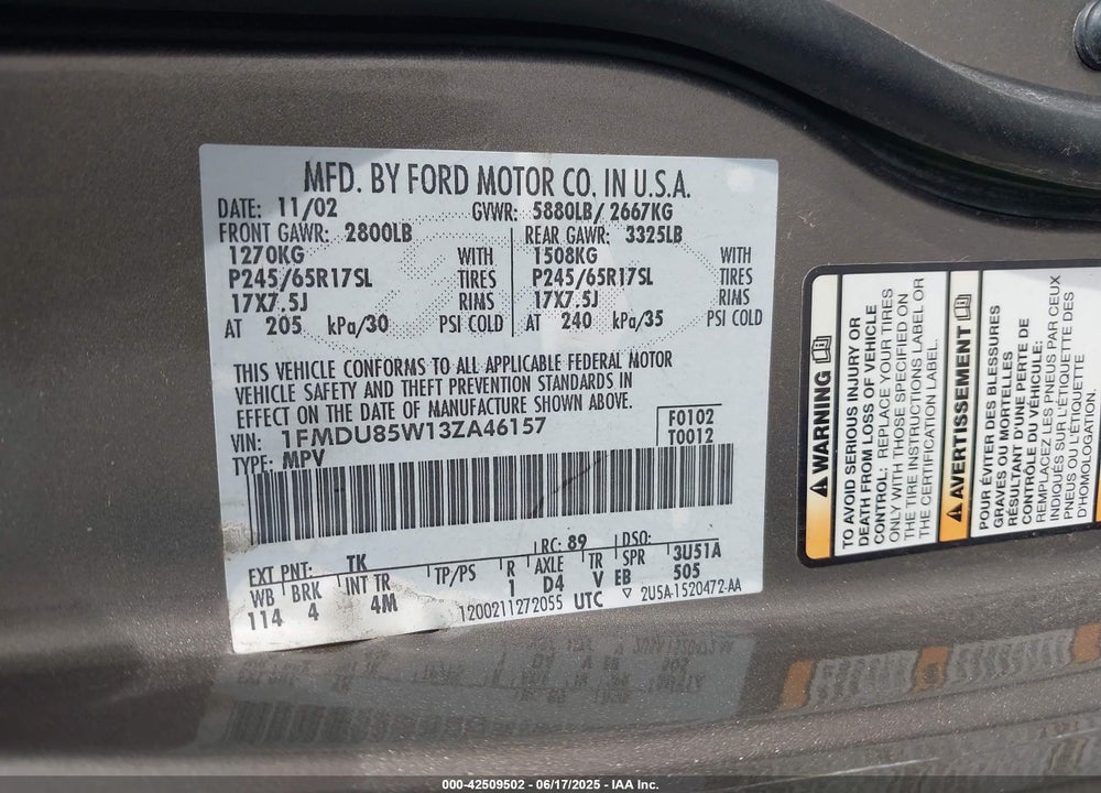 2003 FORD EXPLORER LIMITED VIN: 1FMDU85W13ZA46157