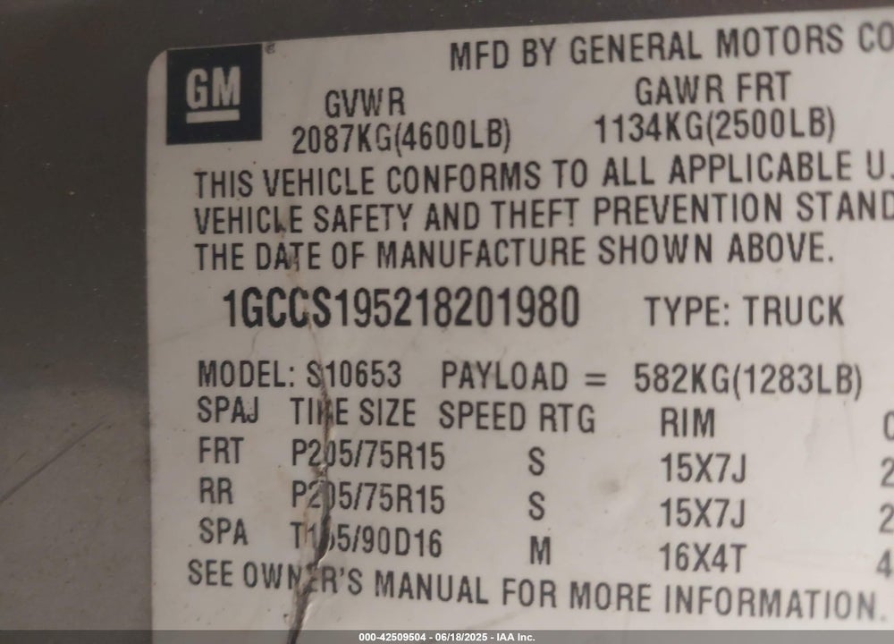 2001 CHEVROLET S-10 VIN: 1GCCS195218201980