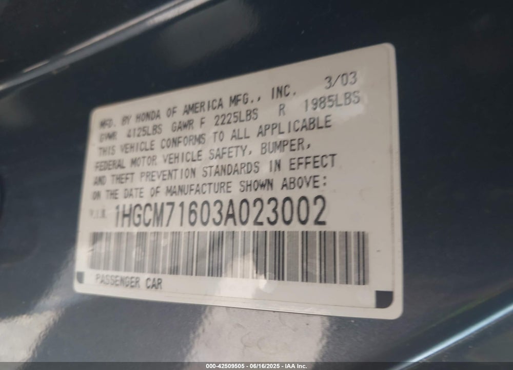 2003 HONDA ACCORD 2.4 EX VIN: 1HGCM71603A023002