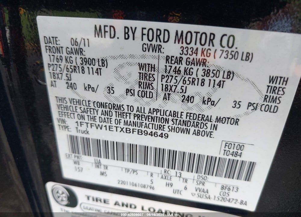 2011 FORD F-150 VIN: 1FTFW1ETXBFB94649