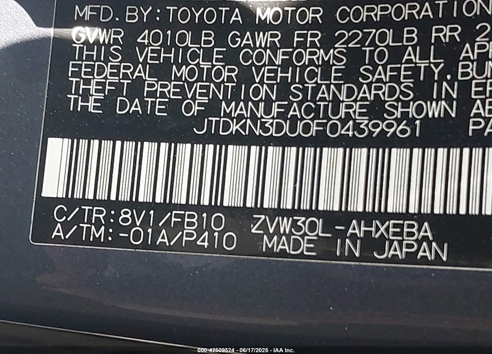 2015 TOYOTA PRIUS TWO VIN: JTDKN3DU0F0439961