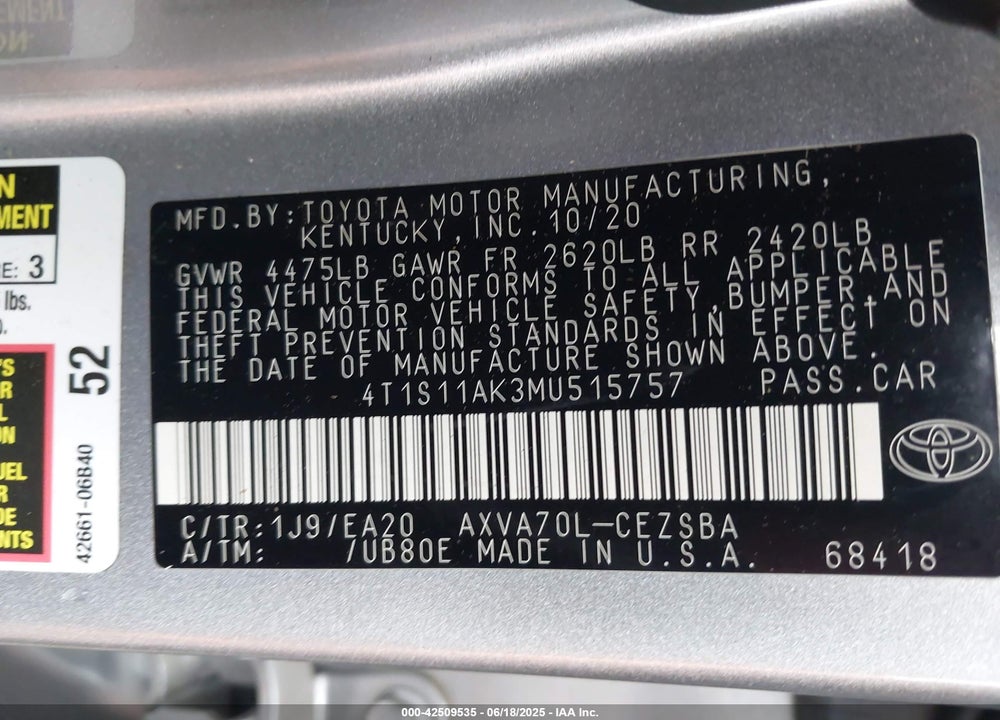 2021 TOYOTA CAMRY SE VIN: 4T1S11AK3MU515757