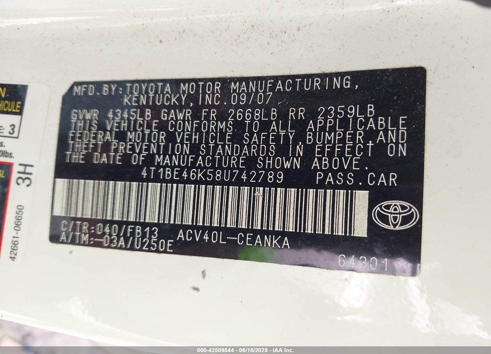 2008 TOYOTA CAMRY VIN: 4T1BE46K58U742789
