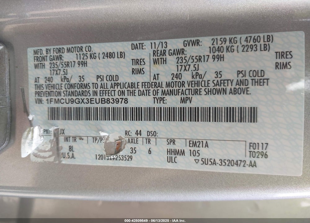 2014 FORD ESCAPE SE VIN: 1FMCU9GX3EUB83978