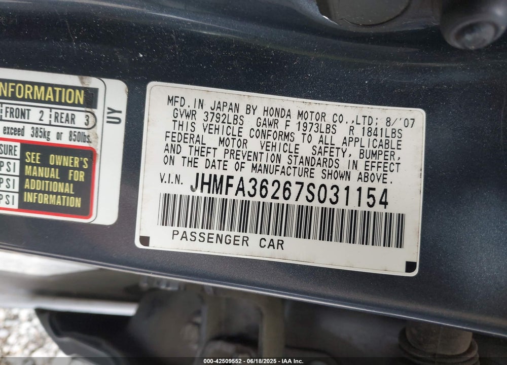 2007 HONDA CIVIC HYBRID VIN: JHMFA36267S031154