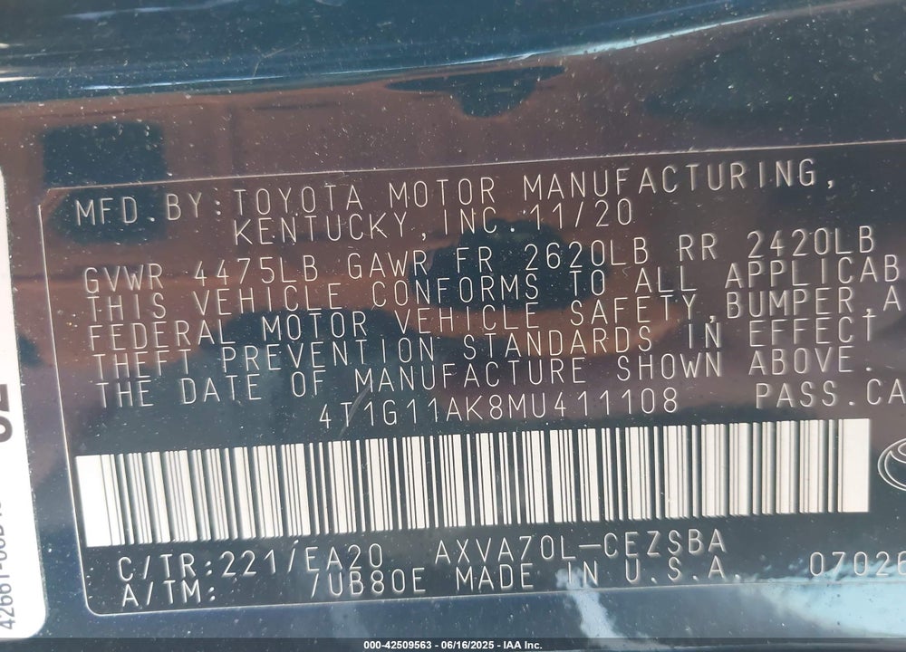 2021 TOYOTA CAMRY VIN: 4T1G11AK8MU411108