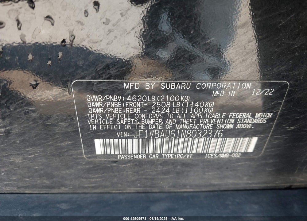 2022 SUBARU WRX GT VIN: JF1VBAU61N8032376