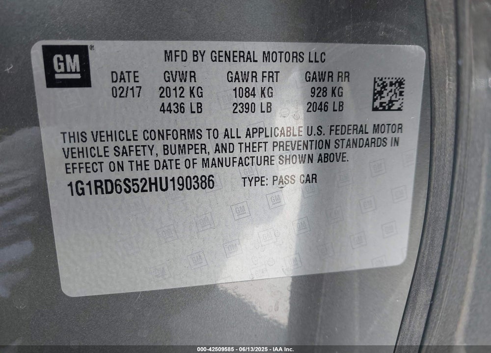 2017 CHEVROLET VOLT VIN: 1G1RD6S52HU190386