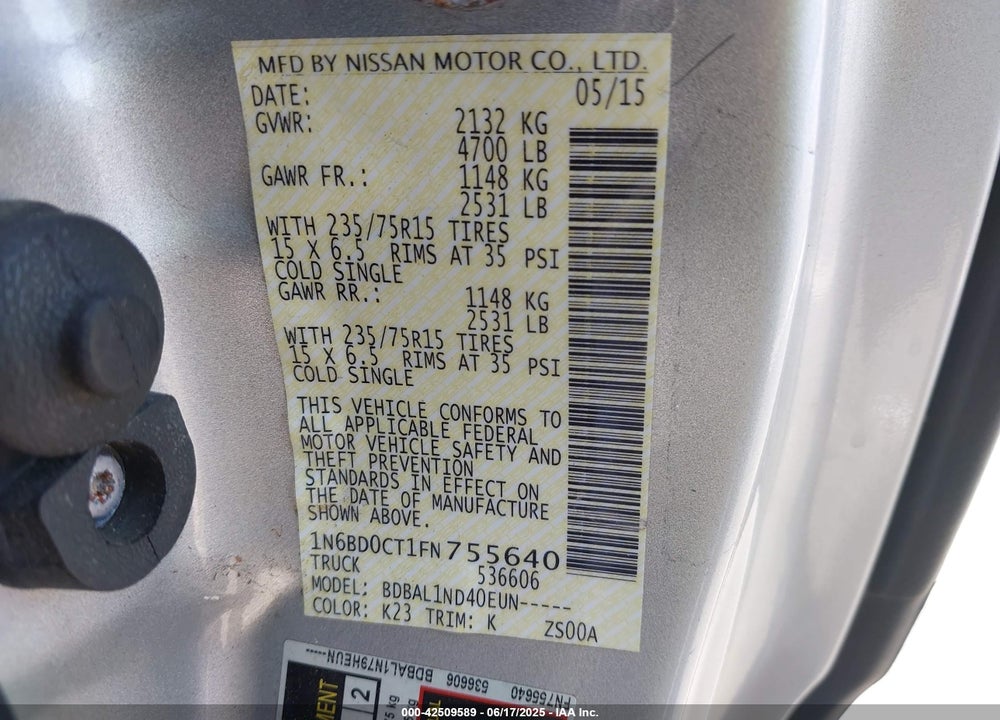 2015 NISSAN FRONTIER VIN: 1N6BD0CT1FN755640