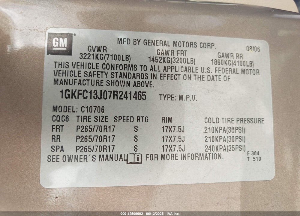 2007 GMC YUKON VIN: 1GKFC13J07R241465