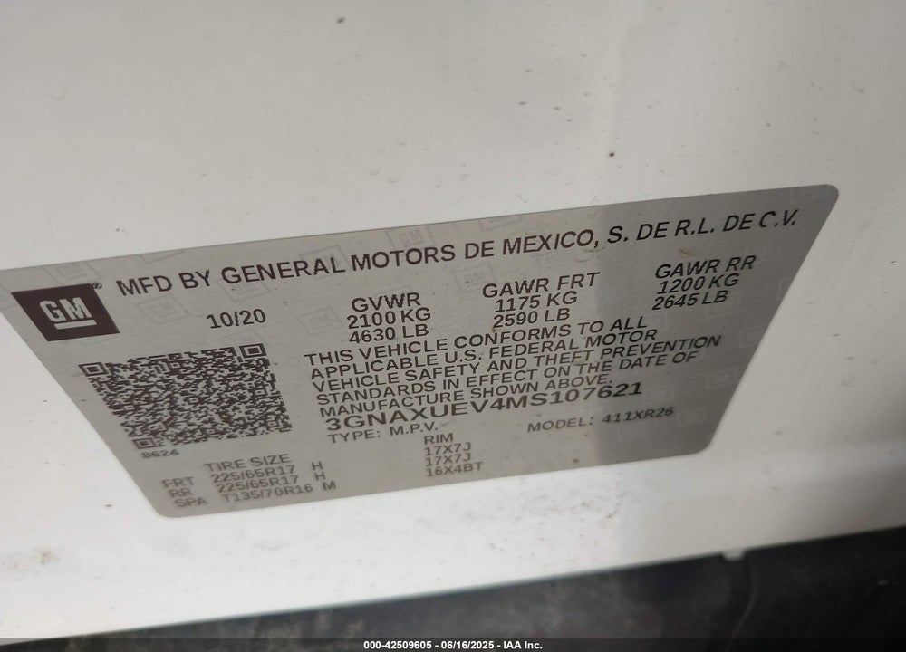 2021 CHEVROLET EQUINOX AWD LT VIN: 3GNAXUEV4MS107621