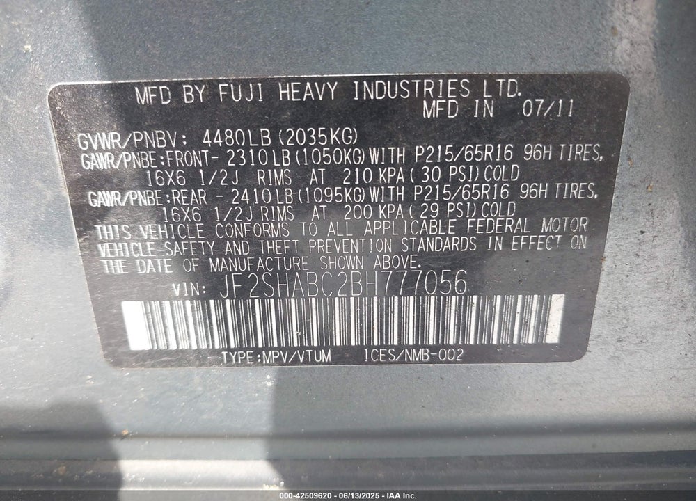 2011 SUBARU FORESTER VIN: JF2SHABC2BH777056