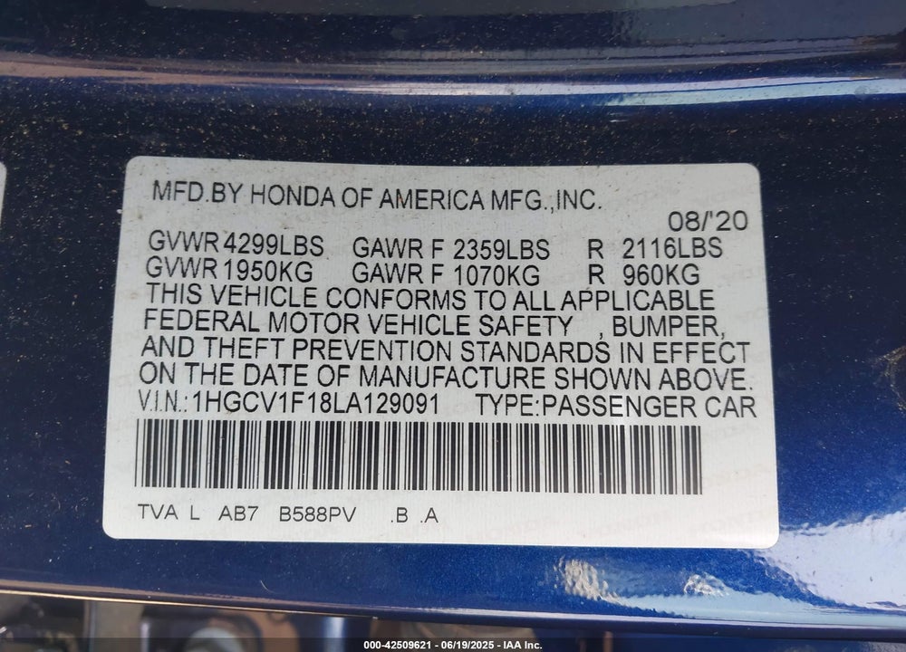 2020 HONDA ACCORD VIN: 1HGCV1F18LA129091