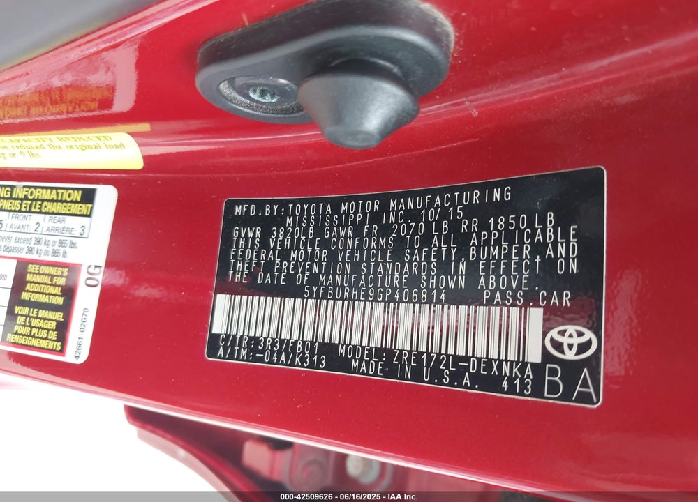 2016 TOYOTA COROLLA VIN: 5YFBURHE9GP406814