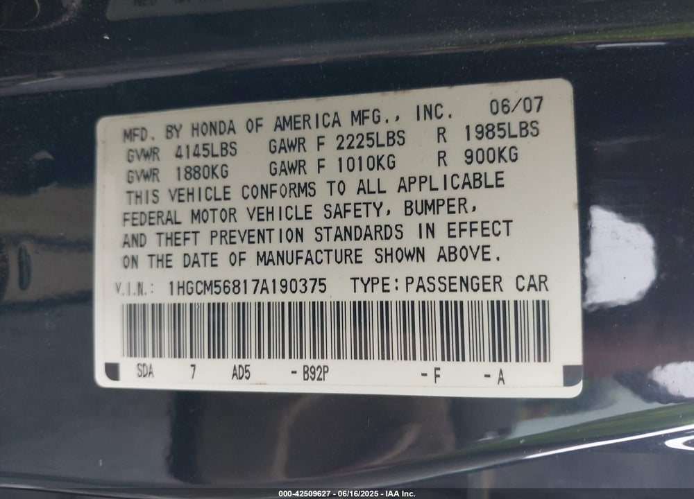 2007 HONDA ACCORD 2.4 EX VIN: 1HGCM56817A190375
