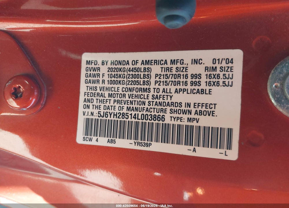2004 HONDA ELEMENT EX VIN: 5J6YH28514L003866