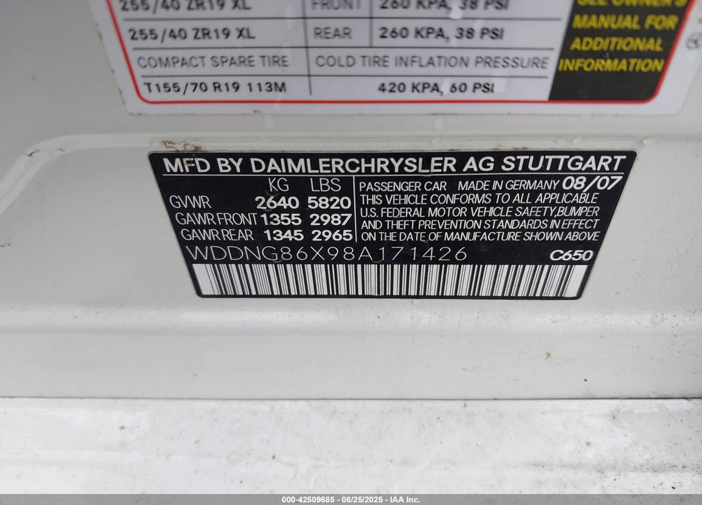 2008 MERCEDES-BENZ S CLASS VIN: WDDNG86X98A171426