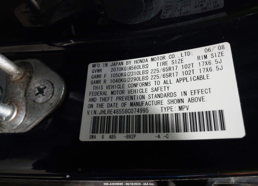 2008 HONDA CR-V VIN: JHLRE48558C074995