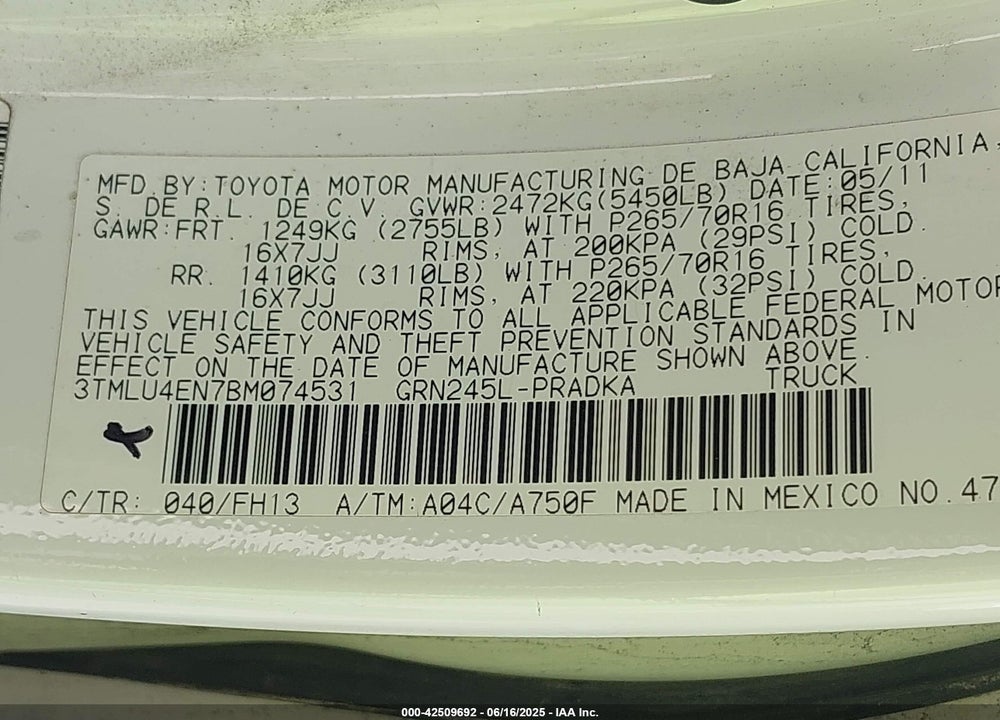 2011 TOYOTA TACOMA VIN: 3TMLU4EN7BM074531