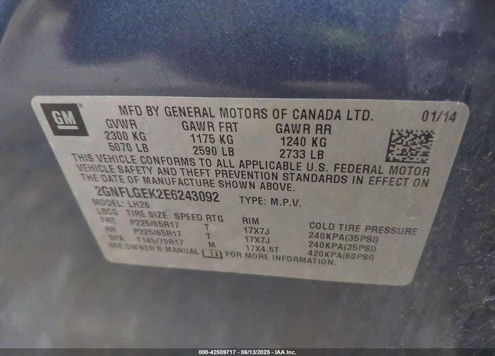 2014 CHEVROLET EQUINOX 2LT VIN: 2GNFLGEK2E6243092