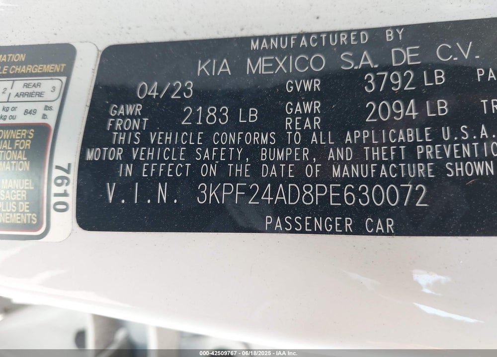 2023 KIA FORTE VIN: 3KPF24AD8PE630072